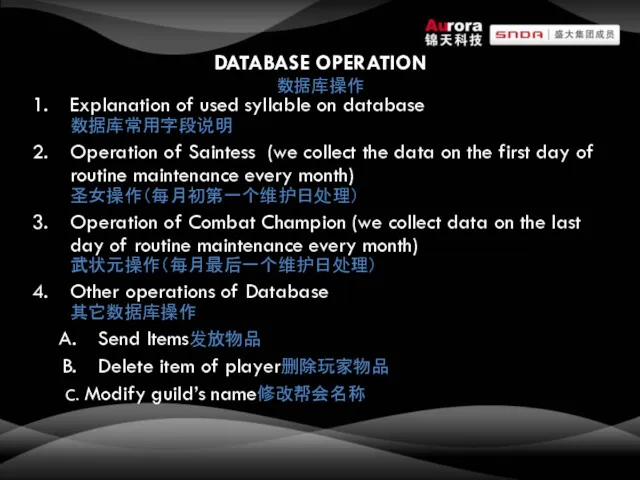DATABASE OPERATION 数据库操作 Explanation of used syllable on database 数据库常用字段说明 Operation of Saintess(