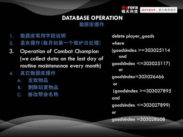 DATABASE OPERATION 数据库操作 数据库常用字段说明 圣女操作（每月初第一个维护日处理） Operation of Combat Champion (we collect data on