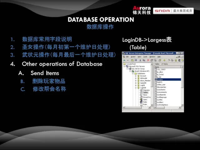 DATABASE OPERATION 数据库操作 数据库常用字段说明 圣女操作（每月初第一个维护日处理） 武状元操作（每月最后一个维护日处理） Other operations of Database Send Items B.