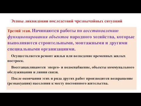 Этапы ликвидации последствий чрезвычайных ситуаций Третий этап. Начинаются работы по