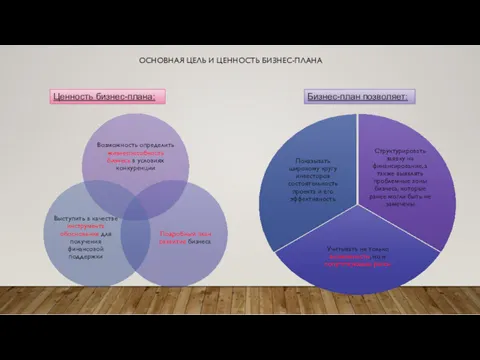 ОСНОВНАЯ ЦЕЛЬ И ЦЕННОСТЬ БИЗНЕС-ПЛАНА Ценность бизнес-плана: Бизнес-план позволяет: