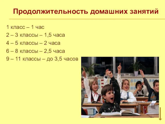 Продолжительность домашних занятий 1 класс – 1 час 2 –