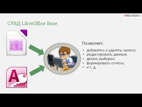 СУБД LibreOffice Base добавлять и удалять записи; редактировать данные; делать