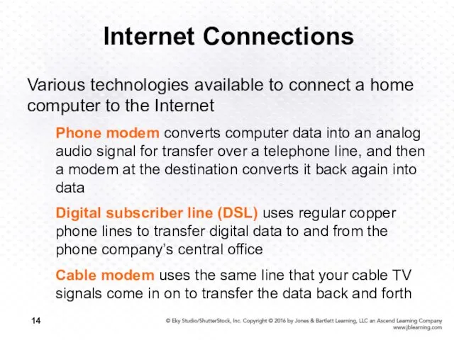 Internet Connections Various technologies available to connect a home computer