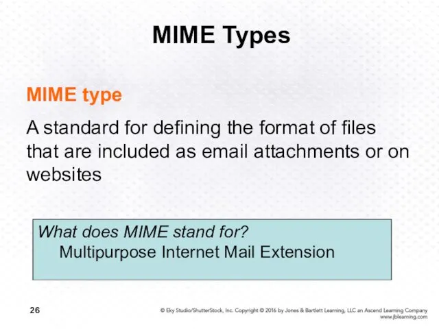 MIME Types MIME type A standard for defining the format