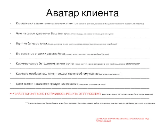 Аватар клиента Кто является вашим потенциальным клиентом (опишите признаки, по