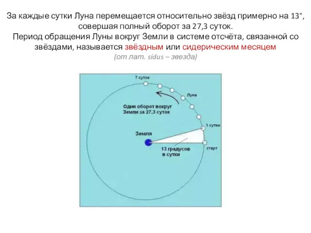 За каждые сутки Луна перемещается относительно звёзд примерно на 13°,