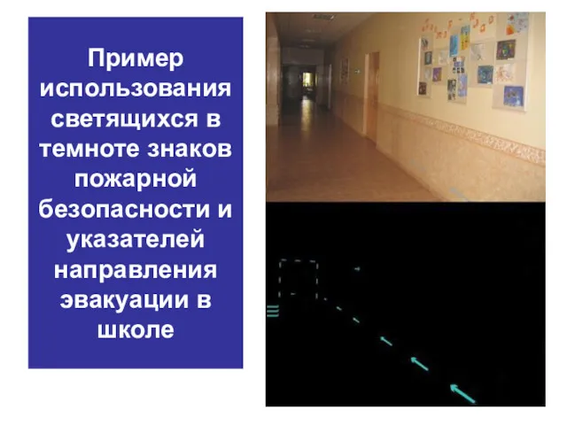 Пример использования светящихся в темноте знаков пожарной безопасности и указателей направления эвакуации в школе