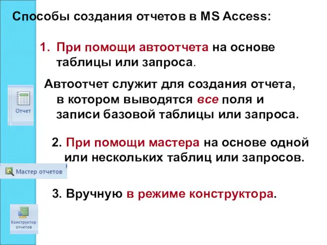 Способы создания отчетов в MS Access: При помощи автоотчета на