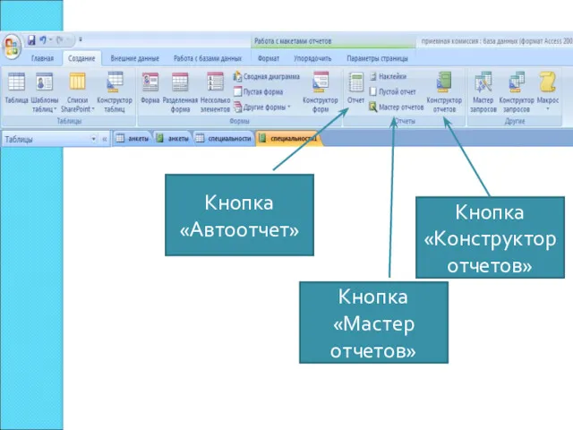 Кнопка «Автоотчет» Кнопка «Мастер отчетов» Кнопка «Конструкторотчетов»