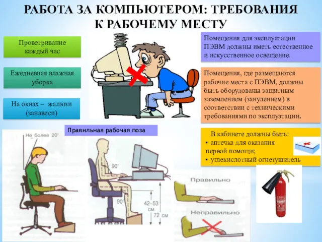 РАБОТА ЗА КОМПЬЮТЕРОМ: ТРЕБОВАНИЯ К РАБОЧЕМУ МЕСТУ Проветривание каждый час