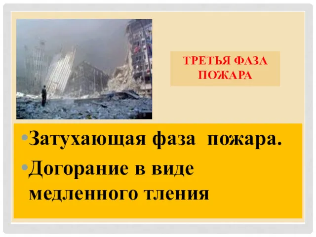 ТРЕТЬЯ ФАЗА ПОЖАРА Затухающая фаза пожара. Догорание в виде медленного тления