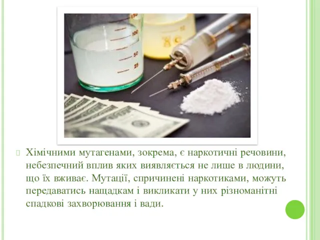 Хімічними мутагенами, зокрема, є наркотич­ні речовини, небезпечний вплив яких виявляється