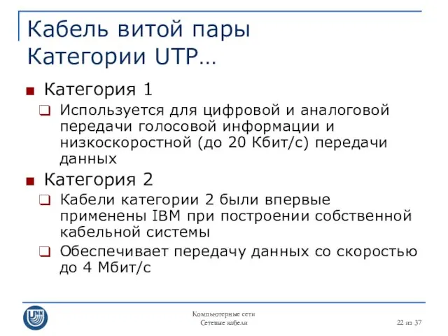 Компьютерные сети Сетевые кабели из 37 Кабель витой пары Категории