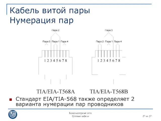 Компьютерные сети Сетевые кабели из 37 Кабель витой пары Нумерация