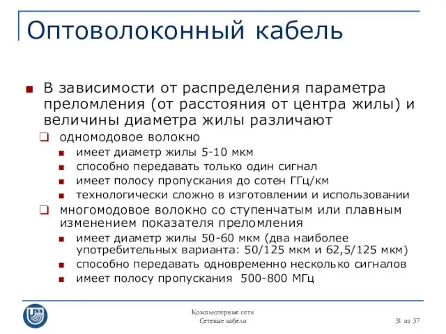 Компьютерные сети Сетевые кабели из 37 Оптоволоконный кабель В зависимости