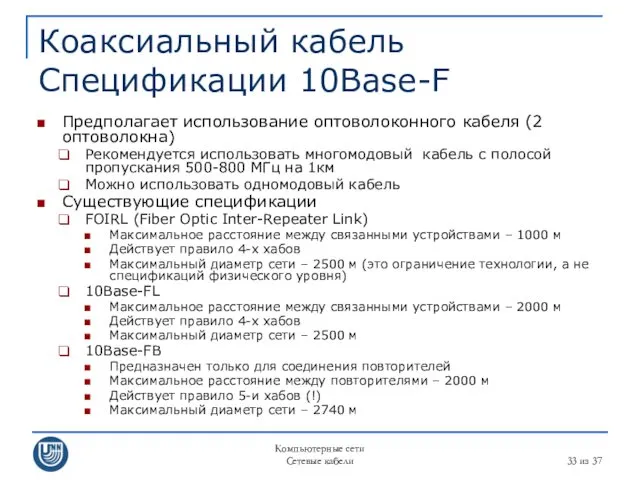 Компьютерные сети Сетевые кабели из 37 Коаксиальный кабель Спецификации 10Base-F