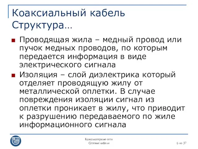 Компьютерные сети Сетевые кабели из 37 Коаксиальный кабель Структура… Проводящая