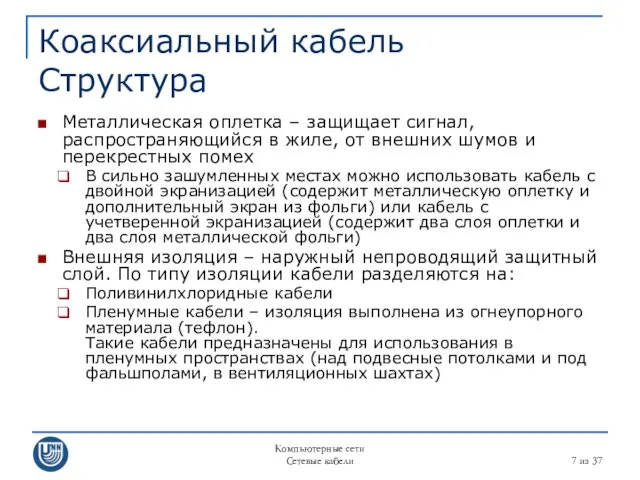 Компьютерные сети Сетевые кабели из 37 Коаксиальный кабель Структура Металлическая