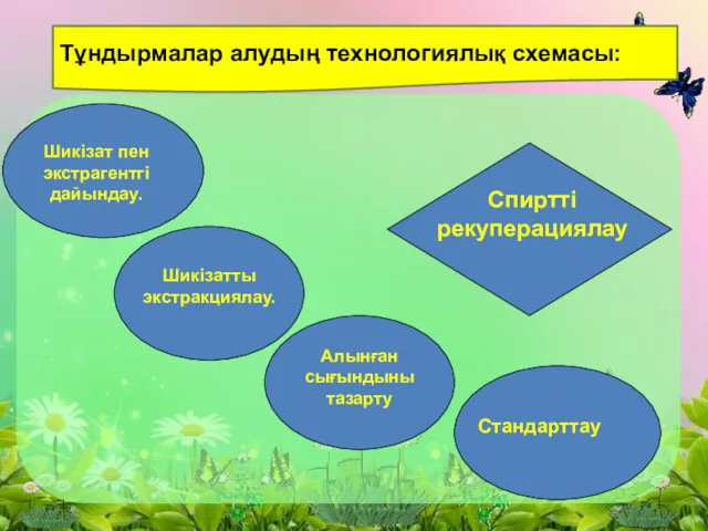 Тұндырмалар алудың технологиялық схемасы: Шикiзат пен экстрагентгi дайындау. Шикiзатты экстракциялау. Алынған сығындыны тазарту Стандарттау Спиртті рекуперациялау