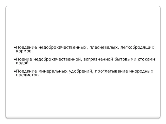 Поедание недоброкачественных, плесневелых, легкобродящих кормов Поение недоброкачественной, загрязненной бытовыми стоками