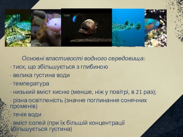 Основні властивості водного середовища: · тиск, що збільшується з глибиною