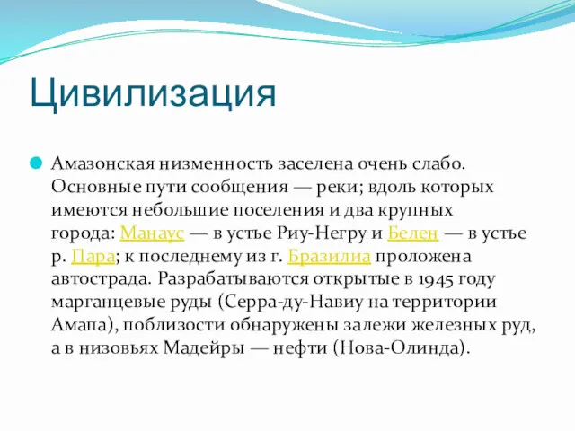 Цивилизация Амазонская низменность заселена очень слабо. Основные пути сообщения —