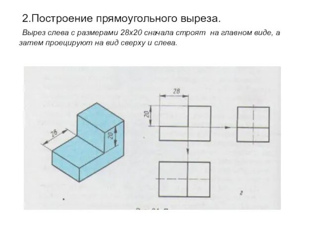 2.Построение прямоугольного выреза. Вырез слева с размерами 28х20 сначала строят