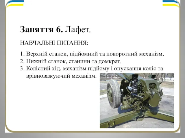 Заняття 6. Лафет. НАВЧАЛЬНІ ПИТАННЯ: 1. Верхній станок, підйомний та