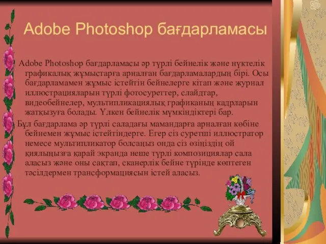 Adobe Photoshop бағдарламасы Adobe Photoshop бағдарламасы әр түрлі бейнелік және