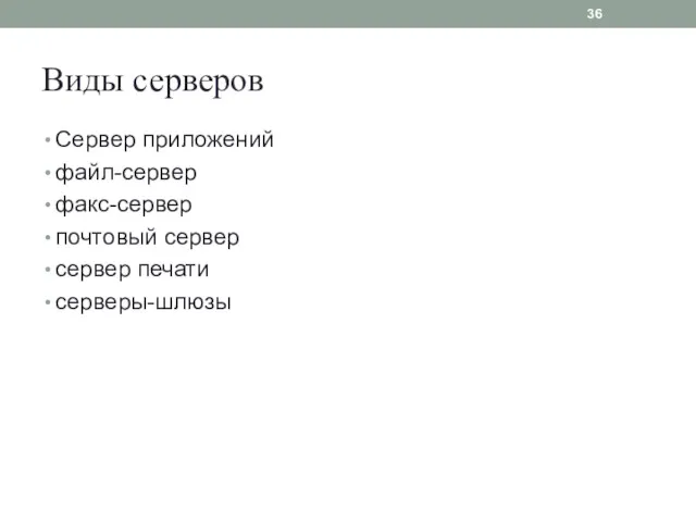 Виды серверов Сервер приложений файл-сер­вер факс-сервер почтовый сервер сервер печати серверы-шлюзы