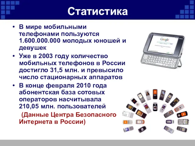 Статистика В мире мобильными телефонами пользуются 1.600.000.000 молодых юношей и