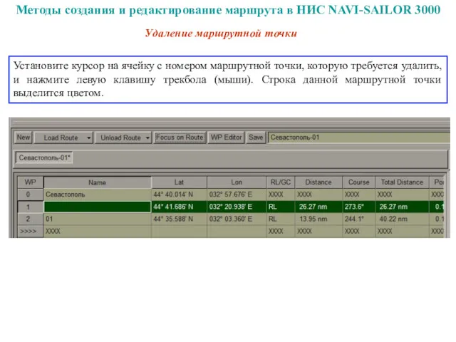 Удаление маршрутной точки Установите курсор на ячейку с номером маршрутной