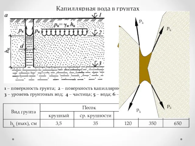 Капиллярная вода в грунтах 1 – поверхность грунта; 2 –