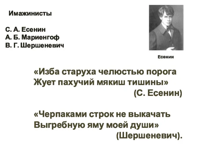 Имажинисты С. А. Есенин А. Б. Мариенгоф В. Г. Шершеневич