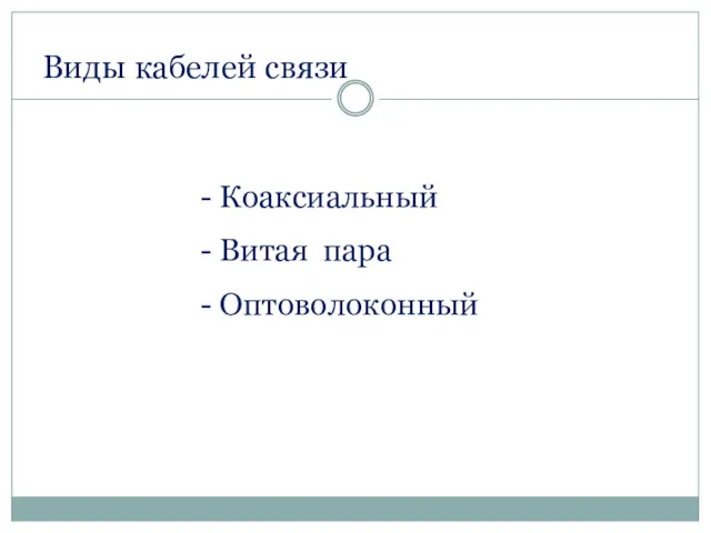 Виды кабелей связи Коаксиальный Витая пара Оптоволоконный