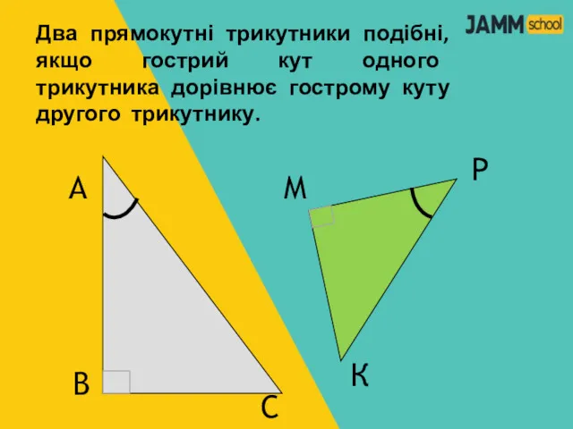 Два прямокутні трикутники подібні, якщо гострий кут одного трикутника дорівнює