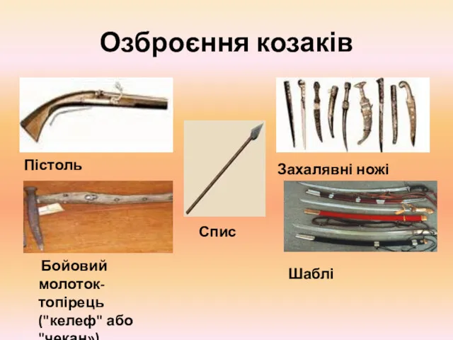Озброєння козаків Пістоль Захалявні ножі Шаблі Бойовий молоток-топірець ("келеф" або "чекан») Спис