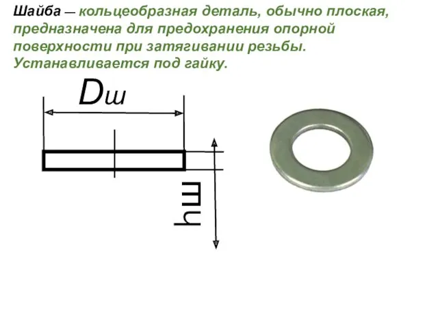 Шайба — кольцеобразная деталь, обычно плоская, предназначена для предохранения опорной