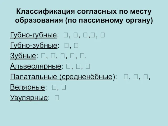 Классификация согласных по месту образования (по пассивному органу) Губно-губные: ,