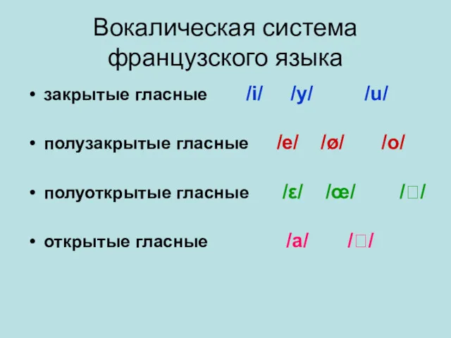 Вокалическая система французского языка закрытые гласные /i/ /y/ /u/ полузакрытые