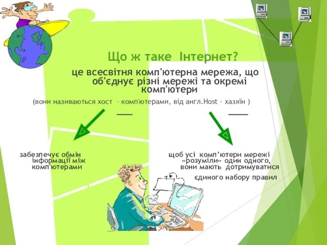 Що ж таке Інтернет? це всесвітня комп'ютерна мережа, що об'єднує