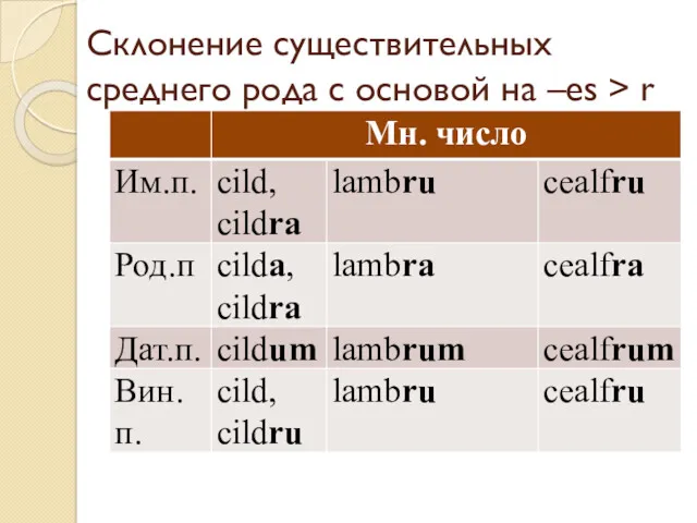 Склонение существительных среднего рода с основой на –es > r