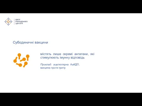 Субодиничні вакцини містять лише окремі антигени, які стимулюють імунну відповідь Приклад: ацелюлярна АаКДП, вакцина проти грипу