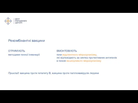 Рекомбінантні вакцини ОТРИМУЮТЬ Приклад: вакцина проти гепатиту В, вакцина проти