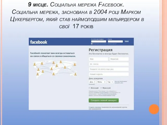 9 місце. Соціальна мережа Facebook. Соціальна мережа, заснована в 2004