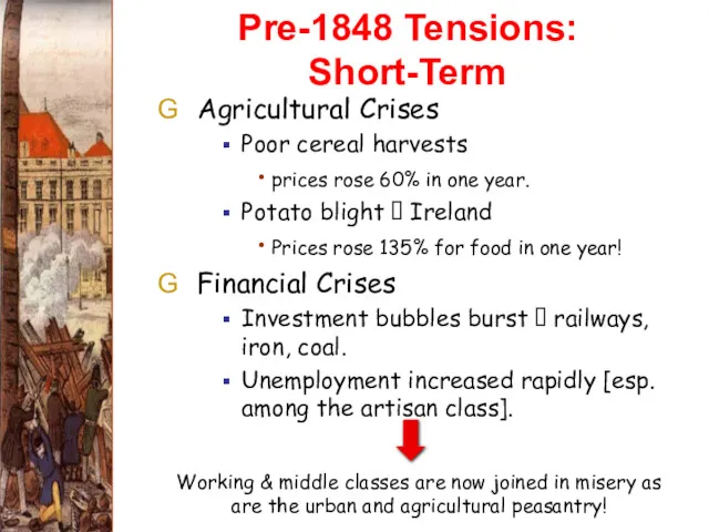 Pre-1848 Tensions: Short-Term Agricultural Crises Poor cereal harvests prices rose