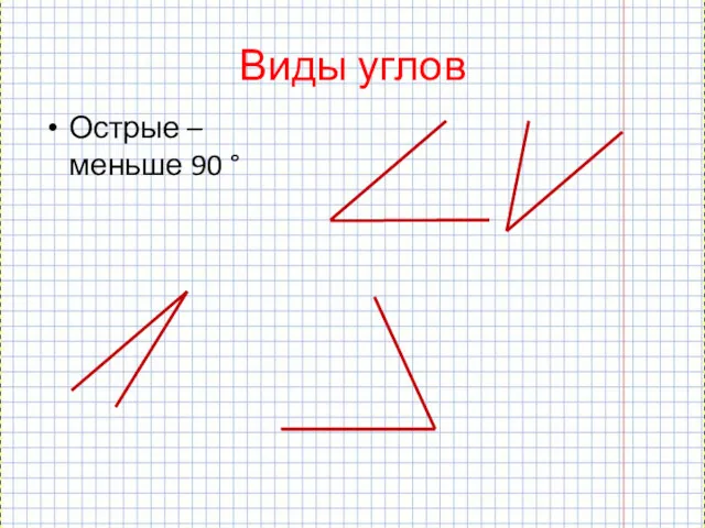 Виды углов Острые –меньше 90 °