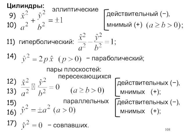 пересекающихся действительных (−), мнимых (+); 12) 13) параллельных действительный (−),