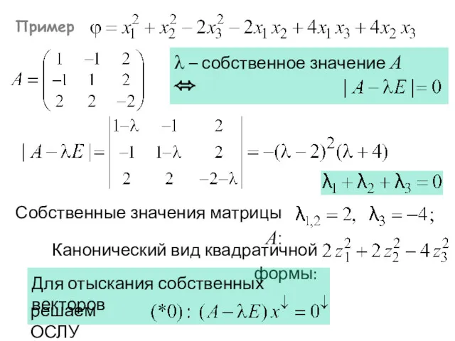 Пример Канонический вид квадратичной формы: Собственные значения матрицы А: λ – собственное значение А ⬄